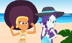 Size: 3500x2100 | Tagged: safe, edit, editor:ktd1993, rarity, saffron masala, equestria girls, g4, my little pony equestria girls: better together, afro, belly button, clothes, female, hat, high res, lesbian, raffron, sarong, shipping, sun hat, swimsuit