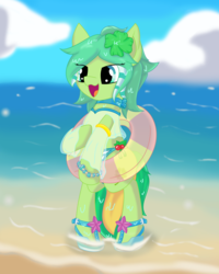 Size: 2268x2835 | Tagged: safe, artist:dreamoonight, oc, oc only, oc:spirit heart, earth pony, pony, beach, bipedal, clothes, floaty, high res, inflatable, inflatable toy, pool toy, sandals, summer, swimsuit, wet