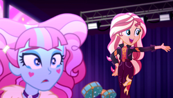 Size: 1898x1080 | Tagged: safe, screencap, kiwi lollipop, sunset shimmer, equestria girls, equestria girls specials, g4, my little pony equestria girls: better together, my little pony equestria girls: sunset's backstage pass, drums, female, geode of empathy, heart, k-lo, magical geodes, musical instrument, smiling