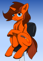 Size: 2480x3507 | Tagged: safe, artist:mcsplosion, oc, oc only, oc:painterly flair, pony, unicorn, chair, female, frown, gradient background, grumpy, high res, office chair, pouting, sitting, solo
