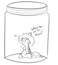 Size: 938x1054 | Tagged: safe, artist:nevaylin, oc, oc only, oc:nevaylin, pegasus, pony, cute, dialogue, female, heart, imminent cumshot, implied anon, jar, lewd container meme, looking up, mare, meme, micro, monochrome, no pupils, ocbetes, open mouth, sitting, sketch, smiling, smol, solo, this will not end well