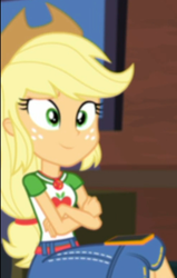 Size: 496x782 | Tagged: safe, screencap, applejack, costume conundrum, equestria girls, g4, my little pony equestria girls: choose your own ending, belt, cellphone, clothes, collar, collar shirt, cowboy hat, cropped, crossed arms, crossed legs, denim, denim skirt, female, freckles, geode of super strength, hair, hat, iphone, magical geodes, phone, ponytail, shirt, shirt with a collar, sitting, skirt, smartphone, smiling, solo focus, sunset's apartment, t-shirt, teenager