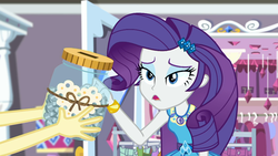 Size: 1914x1080 | Tagged: safe, screencap, fluttershy, rarity, costume conundrum, equestria girls, equestria girls series, g4, spoiler:choose your own ending (season 2), spoiler:eqg series (season 2), bed, bracelet, clothes rack, costume conundrum: rarity, darling jar, eyeshadow, female, geode of shielding, jewelry, magical geodes, makeup, offscreen character, rarity's bedroom, swear jar
