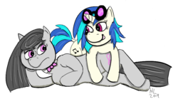 Size: 808x448 | Tagged: safe, artist:huffylime, dj pon-3, octavia melody, vinyl scratch, earth pony, pony, unicorn, g4, bowtie, goggles, looking at each other, lying down, lying on pony, lying on top of someone