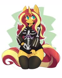 Size: 1457x1851 | Tagged: safe, artist:teranen, sunset shimmer, unicorn, anthro, g4, adorasexy, black stockings, clothes, costume, cute, female, hoodie, mare, sexy, simple background, skeleton costume, sketch, solo, stockings, thigh highs