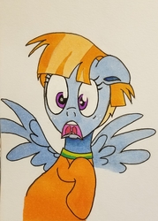 Size: 2152x3008 | Tagged: safe, artist:polar_storm, windy whistles, pegasus, pony, g4, parental glideance, colored sketch, female, floppy ears, high res, mare, open mouth, purple eyes, shocked, shocked expression, solo, spread wings, traditional art, wings