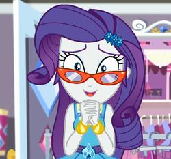 Size: 1154x1076 | Tagged: safe, screencap, rarity, costume conundrum, costume conundrum: rarity, equestria girls, g4, my little pony equestria girls: choose your own ending, bracelet, clothes rack, cropped, cute, female, glasses, happy, jewelry, looking at you, raribetes, rarity's bedroom, rarity's glasses, smiling