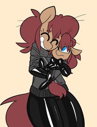 Size: 2200x2895 | Tagged: safe, artist:latexia, oc, oc:latch, earth pony, pony, anthro, anthro ponidox, anthro with ponies, clothes, female, gloves, high res, holding a pony, hug, latex, latex gloves, latex socks, latex suit, lying, mare, one eye closed, smiling, socks, wink
