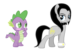 Size: 750x502 | Tagged: safe, artist:mrmaclicious, edit, editor:undeadponysoldier, spike, oc, oc:klavinova, dragon, earth pony, pony, g4, bedroom eyes, blushing, bowtie, crush, cuffs (clothes), cute, female, male, mare, simple background, spikenova, straight, white background