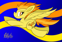 Size: 2200x1500 | Tagged: safe, artist:notadeliciouspotato, spitfire, pegasus, pony, g4, abstract background, female, flying, mare, signature, solo, spread wings, wings