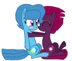 Size: 1273x1080 | Tagged: safe, artist:徐詩珮, fizzlepop berrytwist, spring rain, tempest shadow, pony, unicorn, g4, base used, blushing, broken horn, female, horn, kissing, lesbian, mare, ship:springshadow, shipping, simple background, transparent background