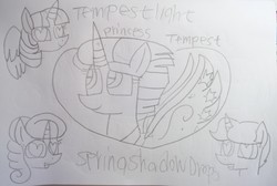 Size: 4445x2992 | Tagged: safe, artist:徐詩珮, fizzlepop berrytwist, glitter drops, spring rain, tempest shadow, twilight sparkle, alicorn, pony, unicorn, g4, broken horn, female, horn, lesbian, lineart, mare, polyamory, ship:glittershadow, ship:springdrops, ship:springshadow, ship:springshadowdrops, ship:tempestlight, shipping, traditional art, twilight sparkle (alicorn)