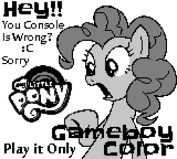 Size: 640x576 | Tagged: safe, artist:isupersonic95, pinkie pie, earth pony, pony, g4, 8-bit, black and white, engrish, error, game boy, grayscale, logo, monochrome, surprised, warning