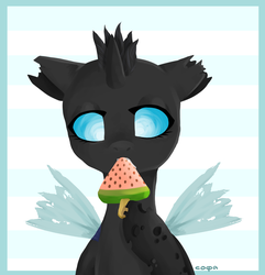 Size: 2004x2081 | Tagged: safe, artist:sopha, oc, oc only, oc:tectus ignis, changeling, changeling loves watermelon, cute, food, frozen watermelon, high res, solo, watermelon