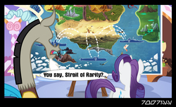 Size: 1288x782 | Tagged: safe, edit, edited screencap, editor:teren rogriss, screencap, discord, rarity, draconequus, narwhal, pony, unicorn, g4, carousel boutique, episode needed, female, horn, map, map of equestria, mare, open mouth, this will end in property damage