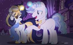Size: 1139x702 | Tagged: dead source, safe, artist:rainbows-skies, oc, oc only, oc:eclipse star, oc:spectrum night, pony, unicorn, base used, bowtie, clothes, goggles, magic, male, night, offspring, parent:fancypants, parent:rarity, parents:raripants, scarf, stallion