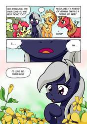 Size: 751x1064 | Tagged: safe, artist:tarkron, apple bloom, applejack, big macintosh, granny smith, oc, oc:tara, earth pony, pony, comic:ghosts of the past, g4, ..., apple family, comic, dialogue, female, filly, flower, male, mare, smiling, stallion, when she smiles