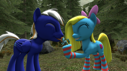 Size: 1920x1080 | Tagged: safe, artist:that_pony, derpibooru exclusive, rainbow dash, oc, oc:cuteamena, oc:electric blue, pegasus, pony, g4, 3d, bow, clothes, electricute, female, licking, male, mare, micro, shipping, socks, source filmmaker, tongue out