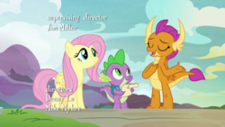 Size: 1920x1080 | Tagged: safe, screencap, fluttershy, smolder, spike, dragon, pegasus, pony, g4, sweet and smoky, dragoness, eyes closed, female, hand on chest, male, mare, opening credits, smiling, trio, winged spike, wings