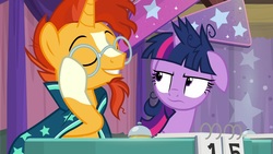 Size: 1920x1080 | Tagged: safe, screencap, sunburst, twilight sparkle, alicorn, pony, a trivial pursuit, g4, clothes, floppy ears, glasses, messy mane, robe, sunburst's cloak, sunburst's glasses, twilight snapple, twilight sparkle (alicorn), twilight sparkle is not amused, unamused