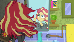 Size: 1280x720 | Tagged: safe, screencap, sunset shimmer, human, equestria girls, g4, monday blues, my little pony equestria girls: summertime shorts, backpack, clothes, female, messy hair, mirror, sunset's apartment