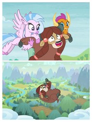 Size: 3106x4096 | Tagged: safe, edit, edited screencap, screencap, silverstream, smolder, yona, classical hippogriff, dragon, hippogriff, yak, g4, school daze, school raze, abuse, bow, cloven hooves, dragoness, engrish in the description, falling, female, flying, hair bow, monkey swings, op is a duck, op is trying to start shit, out of context, this will end in death, this will end in tears, this will end in tears and/or death, trio, yonabuse