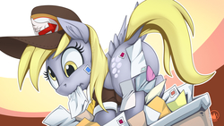 Size: 1920x1080 | Tagged: safe, artist:mysticalpha, derpy hooves, pegasus, pony, g4, abstract background, butt, censored vulva, clothes, dock, female, hat, letter, mail, mailmare, mailmare hat, mare, mouth hold, plot, rear view, solo, stamp, strategically covered, wavy mouth