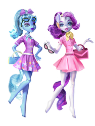 Size: 2067x2748 | Tagged: safe, artist:holivi, rarity, trixie, unicorn, anthro, unguligrade anthro, g4, clothes, doll, duo, female, high res, mare, nightmare fuel, simple background, toy, uncanny valley