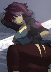 Size: 1450x2048 | Tagged: safe, artist:ku_rimo, sunset shimmer, costume conundrum, equestria girls, g4, my little pony equestria girls: choose your own ending, anime, arm behind head, bed, bedroom eyes, breasts, cleavage, clothes, costume, fangs, female, gloves, jacket, lidded eyes, looking at you, lying down, ripped pants, solo, vampire shimmer, wig
