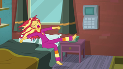 Size: 1280x720 | Tagged: safe, screencap, sunset shimmer, human, equestria girls, g4, monday blues, my little pony equestria girls: summertime shorts, barefoot, bed, bed hair, clothes, cute, eyes closed, feet, female, majestic as fuck, pajamas, pandiculation, pillow, shimmerbetes, sunset's apartment, yawn
