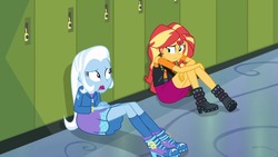 Size: 1280x720 | Tagged: safe, screencap, sunset shimmer, trixie, equestria girls, equestria girls series, forgotten friendship, g4, boots, clothes, high heel boots, shoes, sitting, skirt, talking