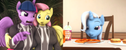 Size: 2700x1080 | Tagged: safe, artist:thederpymuffin, fluttershy, trixie, twilight sparkle, alicorn, pegasus, pony, unicorn, anthro, g4, 3d, angry, burger, clothes, female, food, frown, glare, hamburger, hug, lidded eyes, mare, meat, meme, nose wrinkle, open mouth, pepperoni, pepperoni pizza, pizza, pointing, ponified animal photo, ponified meme, source filmmaker, suit, the real housewives of beverly hills, woman yelling at a cat