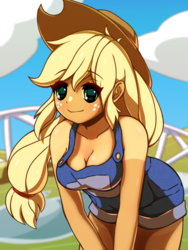 Size: 1500x2000 | Tagged: safe, artist:rockset, applejack, human, equestria girls, g4, adorasexy, applejack's hat, bent over, braless, breasts, busty applejack, cleavage, clothes, cowboy hat, cute, downblouse, farmer's tan, female, freckles, hat, jackabetes, naked overalls, no underwear, overall shorts, overalls, sexy, shorts, smiling, solo, stetson, stupid sexy applejack, tan lines
