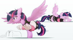 Size: 1500x838 | Tagged: safe, artist:ncmares, twilight sparkle, alicorn, pony, balancing, ballet slippers, bandaid, bandaid on nose, blood, clothes, dancing, earbuds, exercise, female, mare, nosebleed, phone, shorts, socks, solo, sports shorts, stockings, stretching, thigh highs, twilight sparkle (alicorn)
