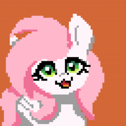 Size: 384x384 | Tagged: safe, alternate version, artist:bitassembly, oc, oc only, oc:sugar morning, pony, animated, looking at you, one eye closed, pixel art, silly, simple background, solo, sugar morning's smiling ponies, wink