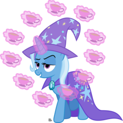 Size: 2259x2248 | Tagged: safe, artist:anime-equestria, trixie, pony, unicorn, g4, cape, clothes, cup, female, food, glowing horn, hat, high res, horn, magic, mare, simple background, smiling, smirk, solo, tea, teacup, telekinesis, that pony sure does love teacups, transparent background, trixie's cape, trixie's hat