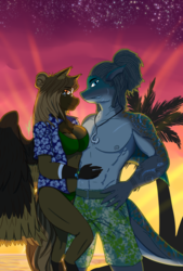 Size: 2864x4245 | Tagged: safe, artist:mantarwolf, oc, oc only, oc:island breeze, oc:rogue wave, original species, pegasus, shark pony, anthro, anthro oc, clothes, commission, couple, female, grin, hand on chest, islandwaves, looking at you, male, mare, oc x oc, palm tree, partial nudity, shipping, smiling, stallion, sunset, swimming trunks, swimsuit, tiger shark pony, topless, tree