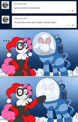 Size: 2000x3096 | Tagged: safe, artist:blackbewhite2k7, cranky doodle donkey, pinkie pie, g4, ask, batman, clothes, comic, condensation, costume, crossover, drawing, harley quinn, high res, ice, mr. freeze, smiling, tumblr