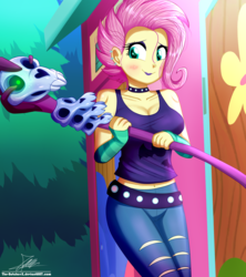 Size: 1420x1600 | Tagged: safe, artist:the-butch-x, fluttershy, equestria girls, equestria girls series, g4, the road less scheduled, the road less scheduled: fluttershy, spoiler:choose your own ending (season 2), spoiler:eqg series (season 2), alternate hairstyle, belly button, blushing, breasts, busty fluttershy, cleavage, clothes, crystal skull staff, cute, ear piercing, earring, female, flutterpunk, jewelry, lipstick, metalshy, midriff, pants, piercing, purple lipstick, shyabetes, signature, skull, solo, staff, tank top