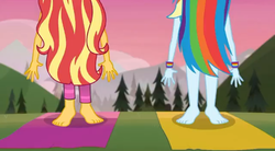 Size: 480x265 | Tagged: safe, screencap, rainbow dash, sunset shimmer, equestria girls, g4, my little pony equestria girls: better together, wake up!, wake up!: rainbow dash, barefoot, feet, female