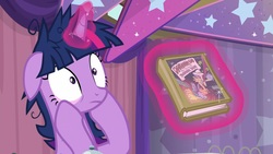 Size: 1920x1080 | Tagged: safe, screencap, twilight sparkle, alicorn, pony, a trivial pursuit, g4, book, daring do and the sapphire statue, female, floppy ears, magic, mare, messy mane, solo, twilight snapple, twilight sparkle (alicorn)