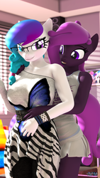 Size: 1080x1920 | Tagged: safe, artist:anthroponiessfm, oc, oc only, oc:aurora starling, oc:kimberly, goo pony, original species, anthro, 3d, anthro oc, blushing, braid, clothes, curious, cute, female, glasses, heterochromia, hug, looking at each other, source filmmaker