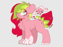 Size: 4096x3072 | Tagged: safe, artist:spoopygander, oc, oc only, oc:sugar berry, hybrid, plant pony, pony, augmented tail, butt freckles, chest fluff, claws, coat markings, cute, eye clipping through hair, fangs, female, food, freckles, hoof fluff, mare, markings, multicolored hair, paw pads, paws, reference sheet, smiling, socks (coat markings), solo, strawberry, tailmouth, toe beans, underpaw