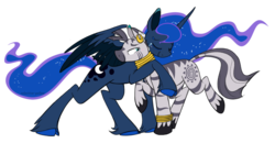 Size: 1242x644 | Tagged: safe, artist:selective-yellow, princess luna, zecora, alicorn, pony, zebra, g4, bracelet, colored hooves, crack shipping, crying, ear piercing, earring, eyes closed, female, hug, jewelry, lucora, mare, neck rings, nope, piercing, quadrupedal, raised hoof, shipping, simple background, tears of joy, teary eyes, transparent background, unshorn fetlocks