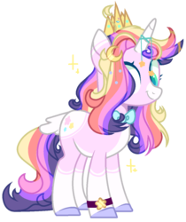 Size: 978x1165 | Tagged: safe, artist:jxst-solar, artist:nocturnal-moonlight, oc, oc only, oc:celestial amber, pony, unicorn, base used, bowtie, crown, female, hair over one eye, jewelry, magical lesbian spawn, moon, multicolored hair, offspring, parent:sunset shimmer, parent:twilight sparkle, parents:sunsetsparkle, regalia, simple background, smiling, solo, stars, tail feathers, transparent background