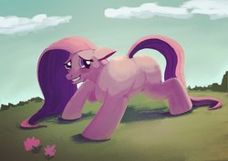Size: 1280x904 | Tagged: safe, oc, oc only, earth pony, pony, butt, featureless crotch, female, mare, meadow, plot, solo