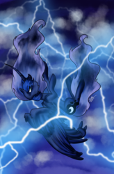 Size: 2075x3168 | Tagged: safe, artist:earthyrainbowkitty, princess luna, alicorn, pony, g4, curved horn, falling, female, high res, horn, lightning, solo