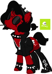 Size: 409x583 | Tagged: safe, artist:doyouarehavestupid, oc, oc only, oc:thrash fire, earth pony, pony, boots, choker, cigarette, clothes, ear piercing, earring, eyes closed, eyeshadow, female, fingerless gloves, gloves, headband, high heel boots, jacket, jewelry, leather jacket, lipstick, makeup, mare, piercing, red and black oc, running makeup, shoes, simple background, smoking, socks, solo, spiked choker, spiked wristband, stockings, thigh highs, transparent background, wristband