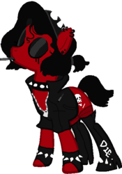 Size: 409x583 | Tagged: safe, alternate version, artist:doyouarehavestupid, oc, oc only, oc:thrash fire, earth pony, pony, boots, choker, cigarette, clothes, ear piercing, earring, eyes closed, eyeshadow, female, fingerless gloves, gloves, headband, high heel boots, jacket, jewelry, leather jacket, lipstick, makeup, mare, piercing, running makeup, shoes, simple background, smoking, socks, solo, spiked choker, spiked wristband, stockings, thigh highs, transparent background, wristband