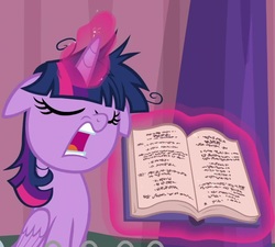 Size: 960x865 | Tagged: safe, screencap, twilight sparkle, alicorn, pony, a trivial pursuit, g4, season 9, book, cropped, eyes closed, faic, female, floppy ears, levitation, magic, mare, messy mane, open mouth, rules lawyer, rules prosecutor, talking, telekinesis, twilight snapple, twilight sparkle (alicorn), twilight sparkle is best facemaker, twilighting, written equestrian